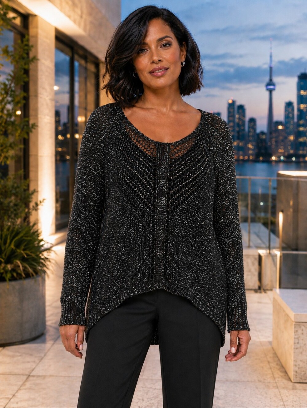 Rock & Republic Metallic Openwork High Low Sweater Black Silver XL